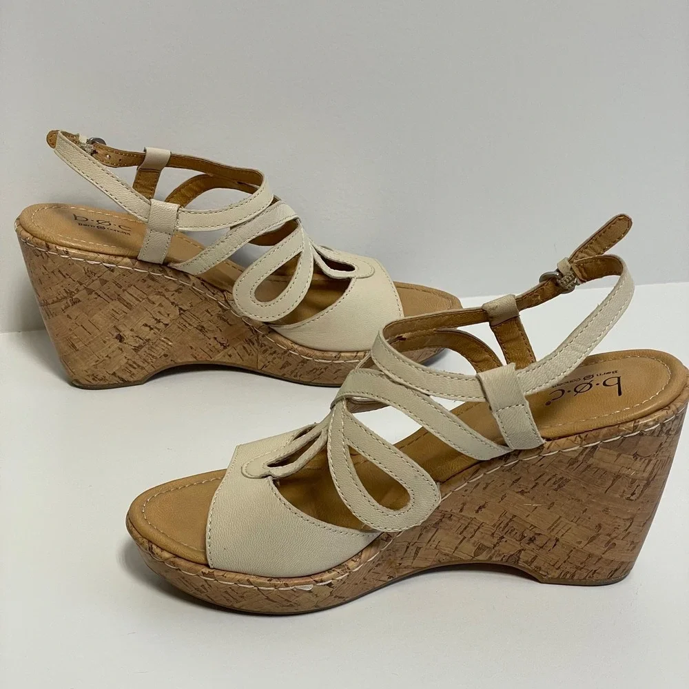 Boc Born Concept Cream Leather Cork Wedge Sandals‎ Women's Size 9
